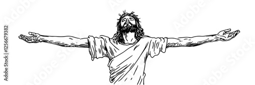 Jesus Christ with open arms Easter doodle sketch black vector engraving 