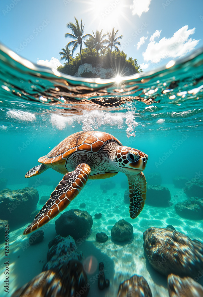 Obraz premium Vertical picture of the sea turtle gliding in the ocean nearby the tropical island