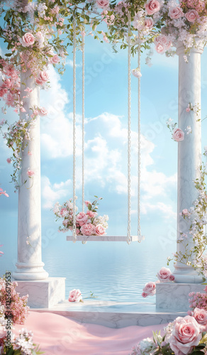 A breathtaking dreamscape featuring a floral-adorned swing suspended between marble columns on a pink sandy beach, overlooking the tranquil ocean. The ethereal atmosphere evokes romance, elegance,