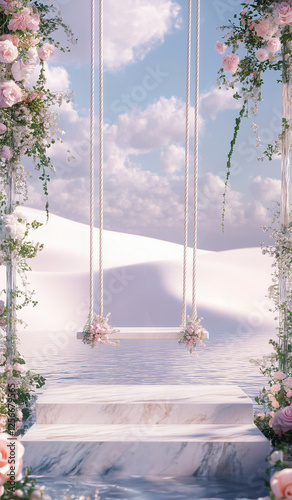 A breathtaking dreamscape featuring a floral-adorned swing suspended between marble columns on a pink sandy beach, overlooking the tranquil ocean. The ethereal atmosphere evokes romance, elegance,