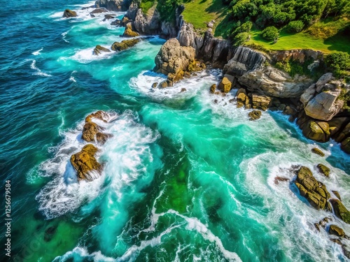 Stunning Aerial View of Turquoise Waters, White Foamy Waves, and Rocky Green Shore