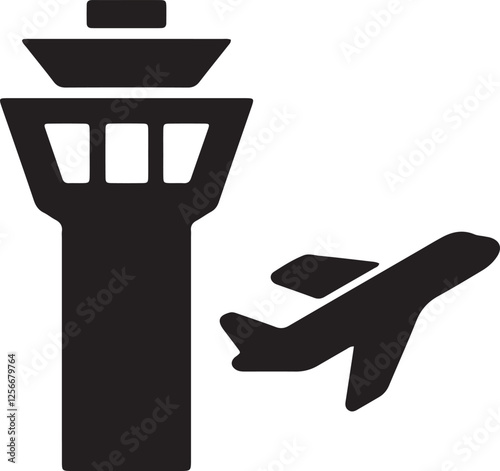 The illustration shows an airport with an airplane taking off
