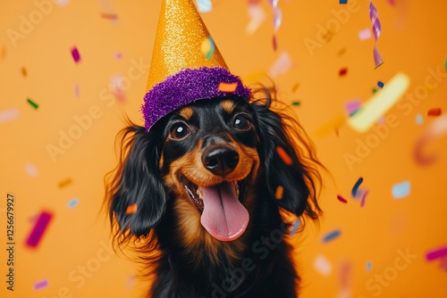 Happy dachshund dog wearing a party hat amidst falling confetti against an orange background. photo