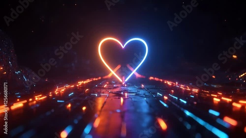 Neon heart glows, futuristic landscape, sparks, love concept