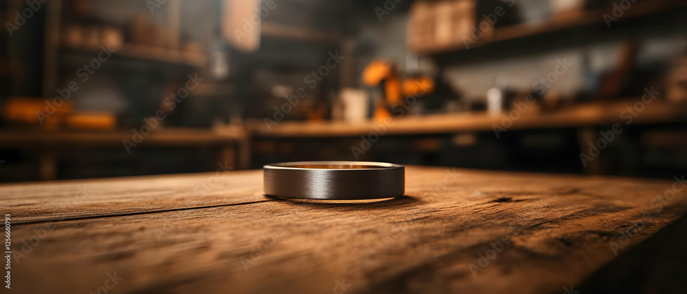Close-up view of a metal object on a rustic wooden workbench in a workshop environment, showcasing craftsmanship. Close-up view of a metal object on a rustic wooden workbench in a workshop environment, showcasing craftsmanship.