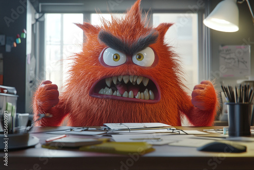 Angry office worker screams. Furious office Manager monster character yelling sits at a desk with wide-open eyes and mouth. Stress, irritability, and work fatigue, Corporate life, stress at work