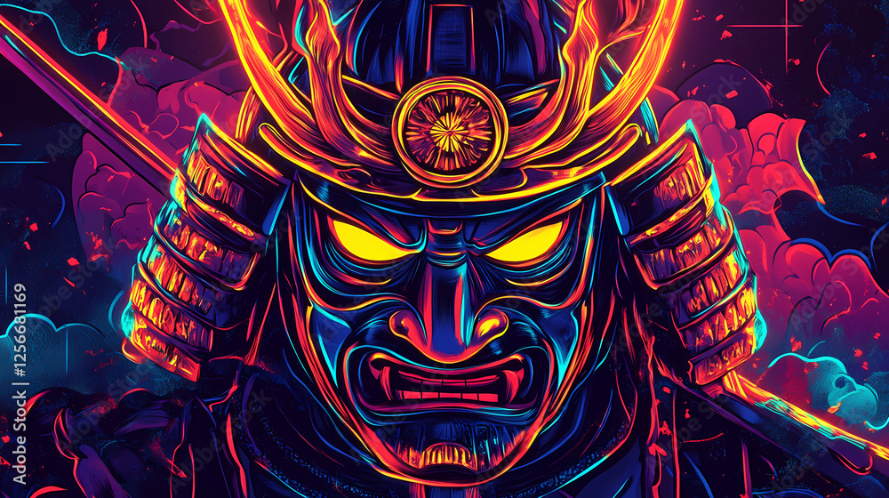 Fiery neon samurai mask illustration. Neon Samurai. Illustration Fiery neon samurai mask illustration. Neon Samurai. Illustration