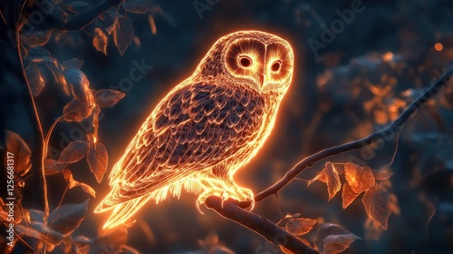 Glowing owl perched on branch, dark forest background, nature art photo