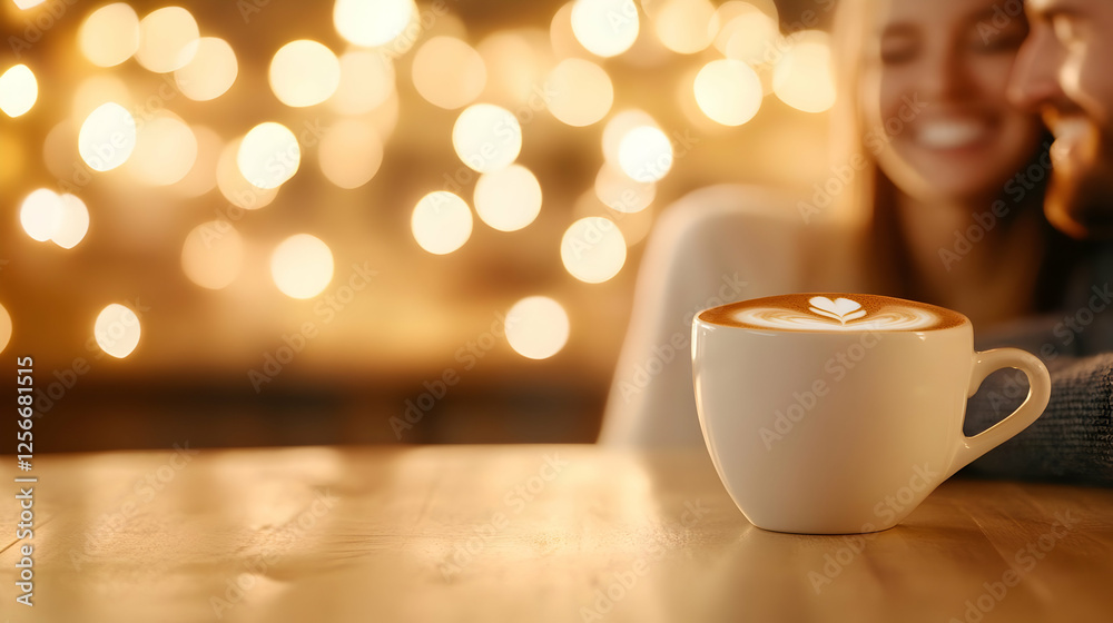 Obraz premium Cozy moments shared over coffee, highlighting love and warmth in a beautiful setting with soft bokeh lights.