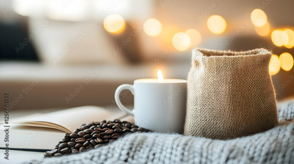 Cozy setting with coffee, beans, and candle creating a warm atmosphere for relaxation and comfort.