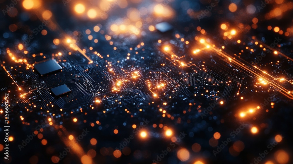 Naklejka premium Abstract close-up of a digital circuit board with glowing lights and intricate patterns, symbolizing technology