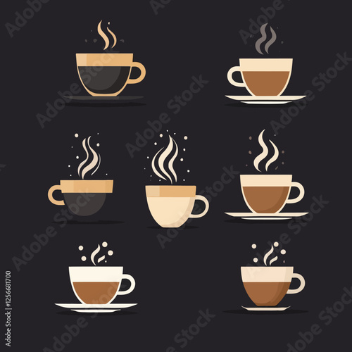 Coffee Cups Delight: A captivating collection of steaming coffee cups, each cup in its own unique style. The rising steam suggests warmth and a comforting aroma. 
