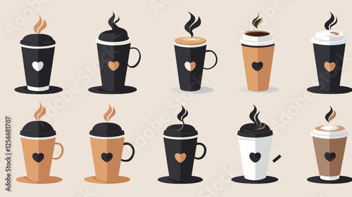 Coffee Cup Variety Pack:  A collection of ten stylishly designed, colorful coffee cup icons, perfect for use in branding, menus, or design projects.  