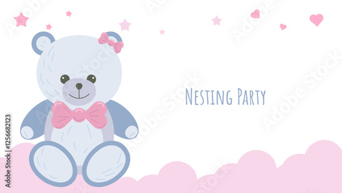 Nesting party banner honor of expectant parents. Blue bear cub in clouds. Website poster design in pastel colors. Vector illustration.