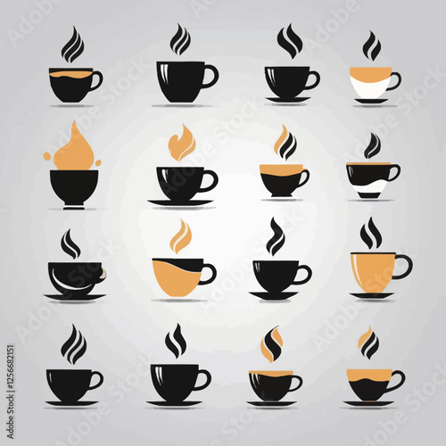 Coffee Cup Icons: A collection of sixteen unique coffee cup icons, showcasing various styles and levels of coffee. Perfect for branding, websites, or app design.