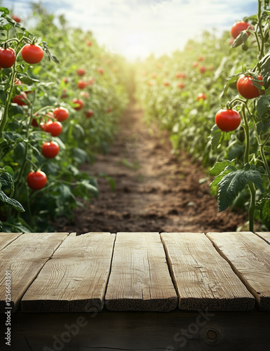 A vibrant farm scene featuring ripe, freshly harvested tomatoes displayed on a rustic wooden table, with lush green tomato fields stretching into the distance. 