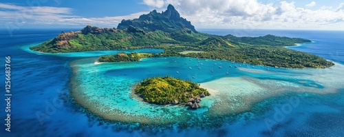 Aerial view of bora bora island with lush green mountains and turquoise waters