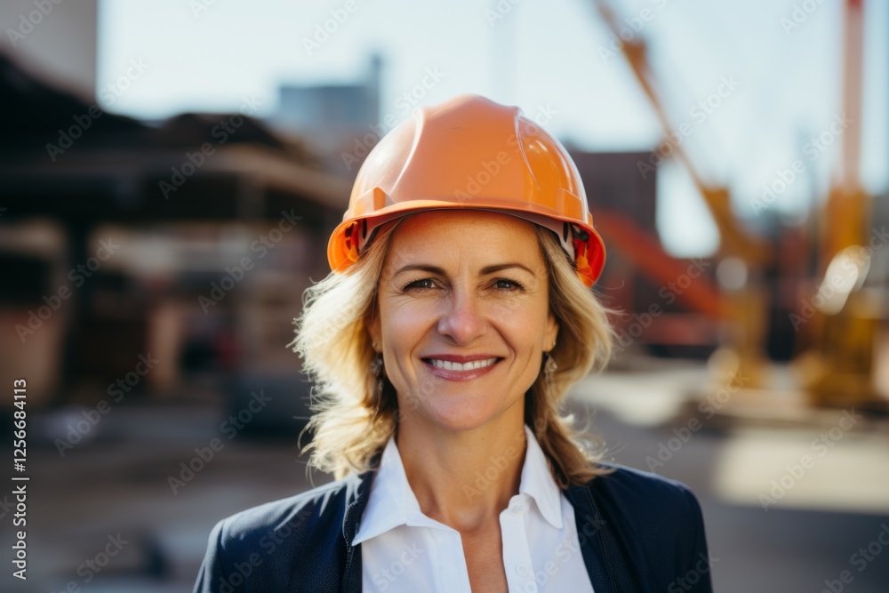 Smiling portrait of a middle aged female businesswoman on construction site Smiling portrait of a middle aged female businesswoman on construction site