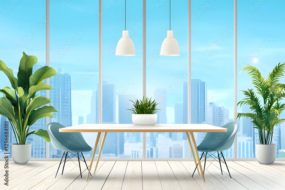 Fototapeta premium Modern Dining Room with City View: A minimalist dining room features a sleek white table and two light blue chairs, set against a panoramic window showcasing a stunning cityscape.
