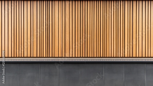 Modern wooden facade with dark base, exterior architectural detail photo