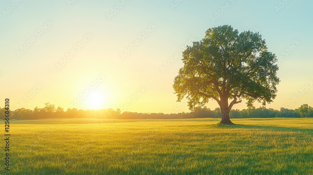 Sunrise over serene field with majestic tree natural landscape early morning tranquility wide angle view Sunrise over serene field with majestic tree natural landscape early morning tranquility wide angle view