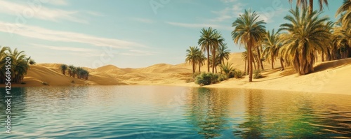 Serene desert oasis with rippling water and lush palm trees in sunlit sand dunes