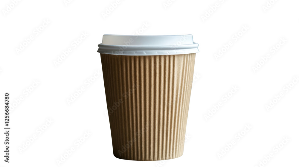 Disposable cardboard coffee cup with white lid on transparent background Disposable cardboard coffee cup with white lid on transparent background