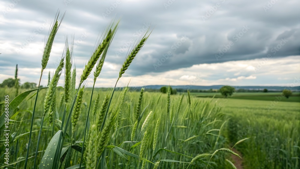 Fototapeta premium Green Wheat Field Under Cloudy Sky