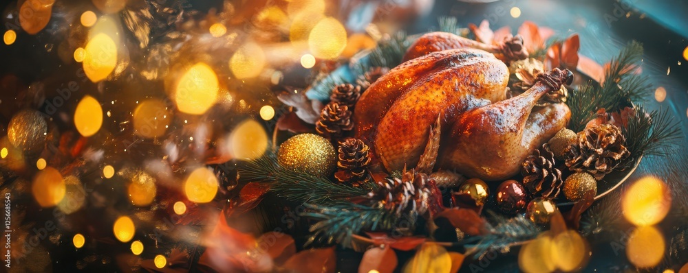 Festive roast turkey with holiday decorations and warm lighting Festive roast turkey with holiday decorations and warm lighting