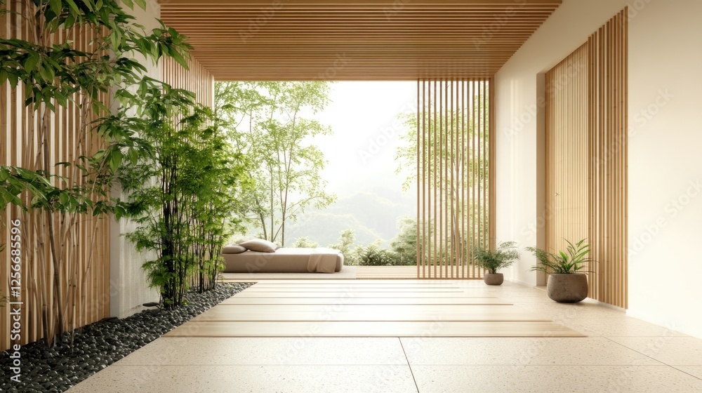 Fototapeta premium Zen garden bedroom, mountain view, serene space, minimalist design, interior design
