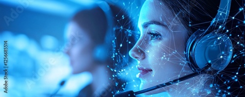 Call center operator using headset and futuristic technology