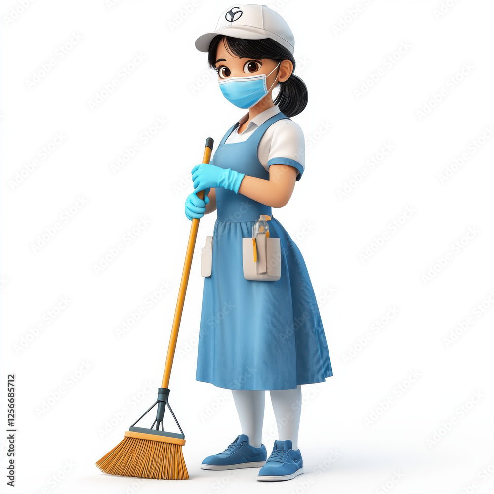 A cleaning woman with a broom, cleaning the floor while wearing a uniform, gloves, and a mask, A cleaning woman with a broom, cleaning the floor while wearing a uniform, gloves, and a mask,