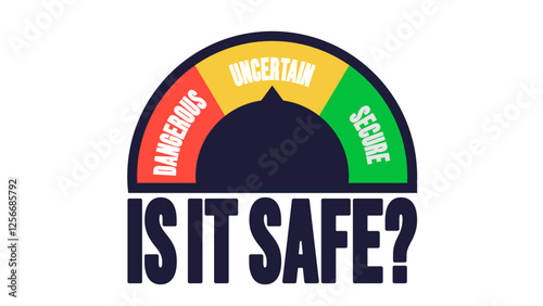 Safety risk meter. Colorful gauge representing safety risk levels ranging from dangerous to secure, highlighting uncertainty.