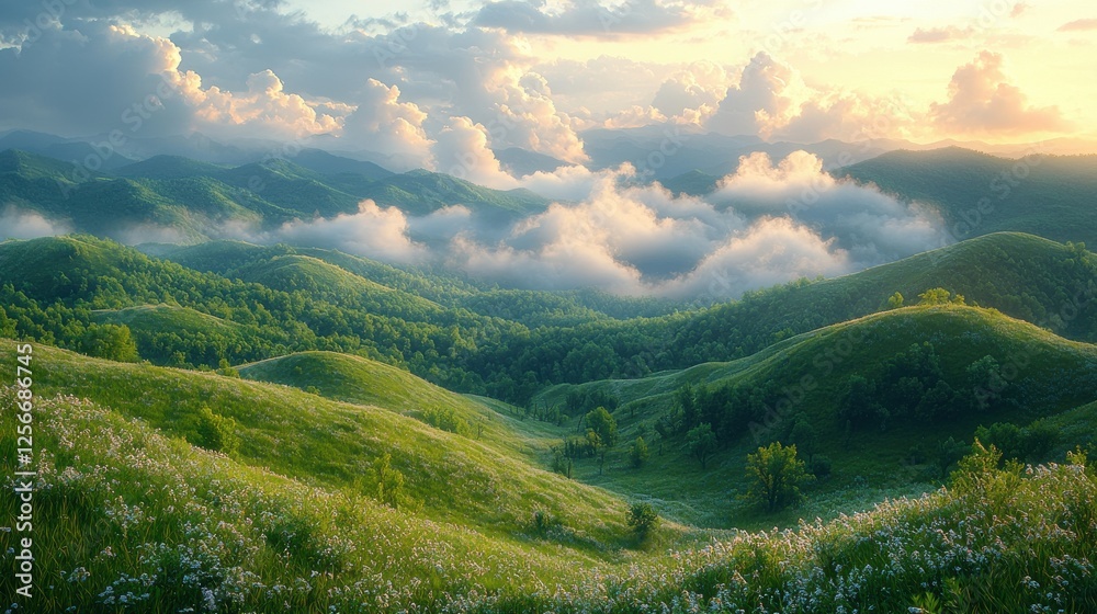 Obraz premium Misty Sunrise Over Rolling Green Hills