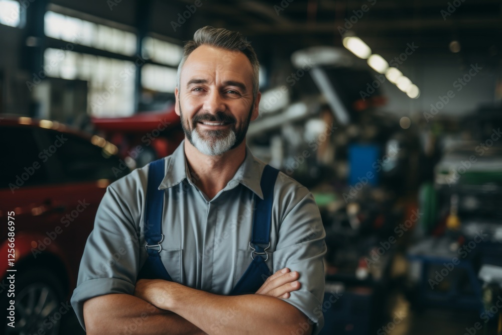 Smiling portrait of a middle aged Caucasian car mechanic Smiling portrait of a middle aged Caucasian car mechanic