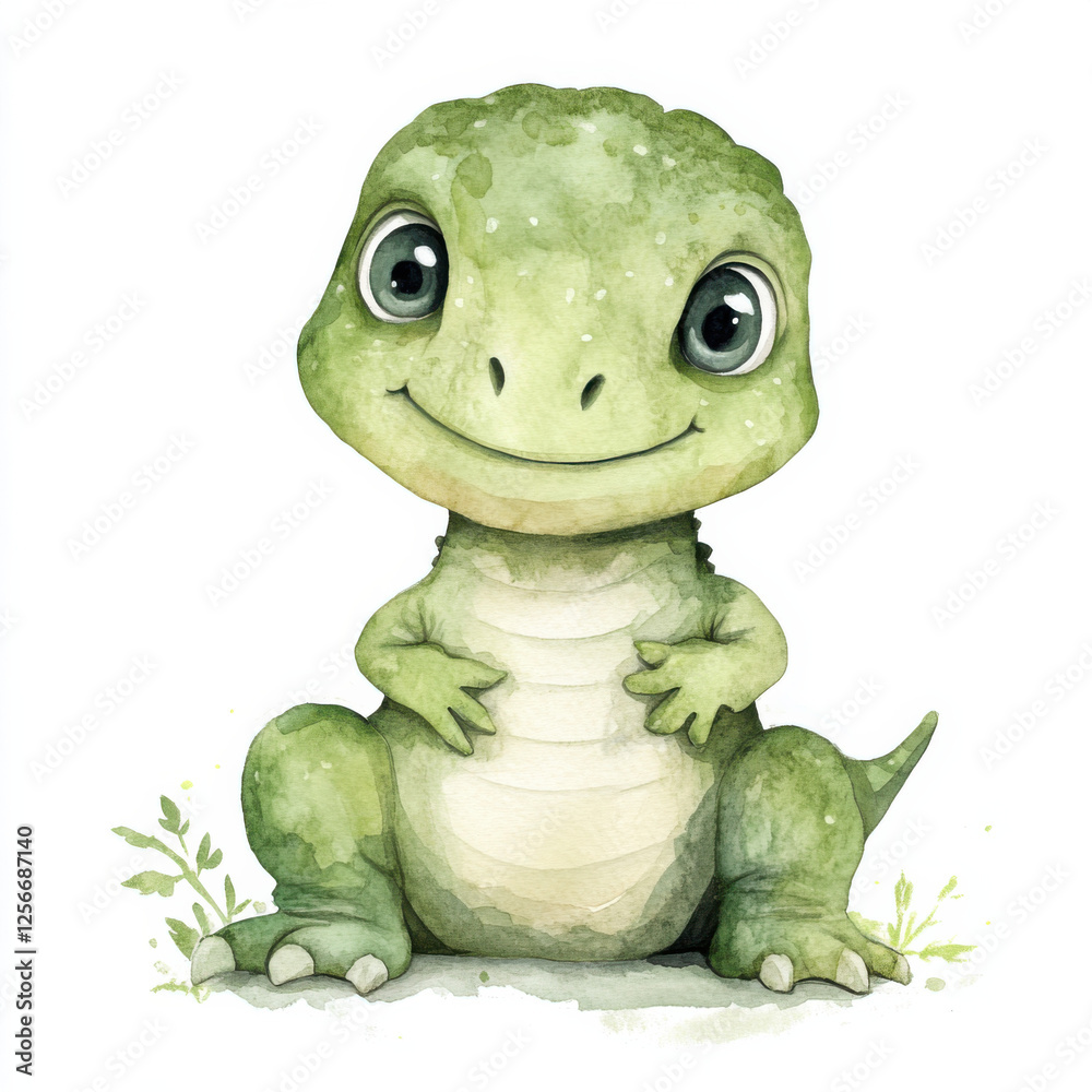 Fototapeta premium a cute clipart of a baby green tyrex watercolor pastel, soft tones, against an isolated white background, 