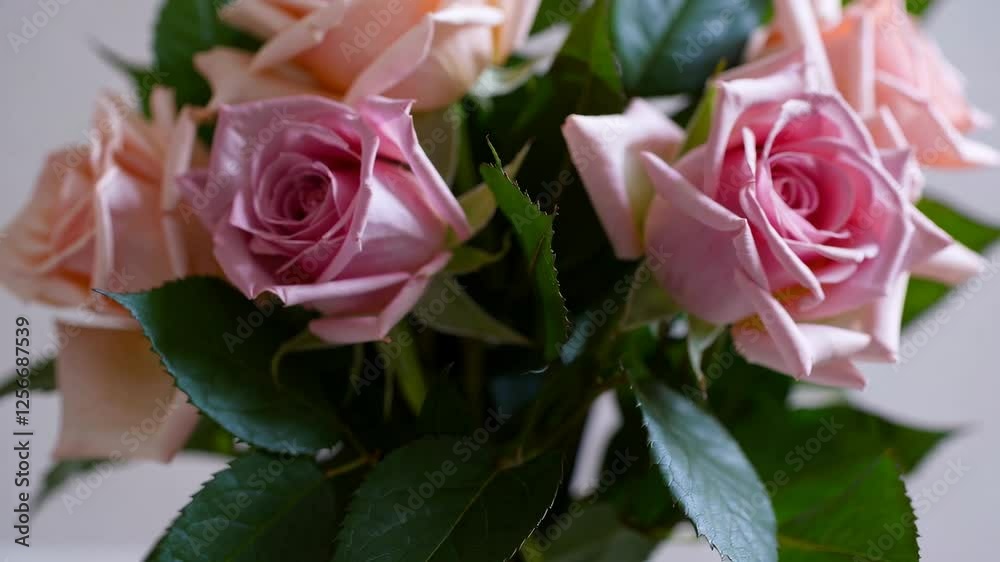 Bouquet of pink and peach roses with green leaves, floral arrangement in soft lighting. Romantic and elegant gift concept Bouquet of pink and peach roses with green leaves, floral arrangement in soft lighting. Romantic and elegant gift concept