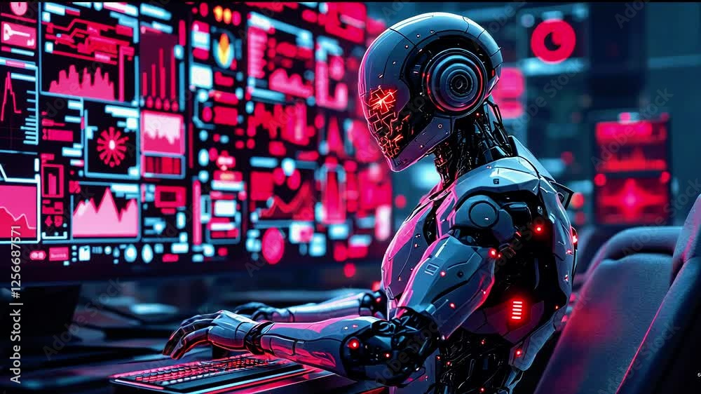 Futuristic humanoid robot analyzing data on multiple screens in a high-tech control room setting Futuristic humanoid robot analyzing data on multiple screens in a high-tech control room setting
