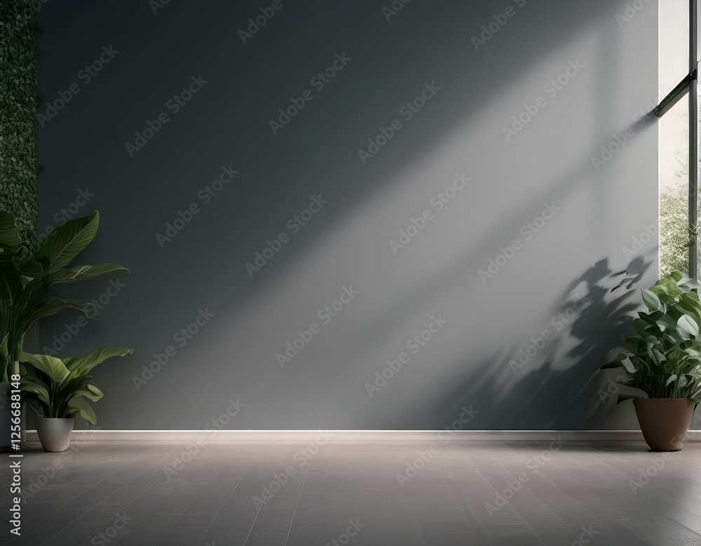 Modern empty grey wall in a spacious office interior with plants and large windows. 3D Rendering Modern empty grey wall in a spacious office interior with plants and large windows. 3D Rendering