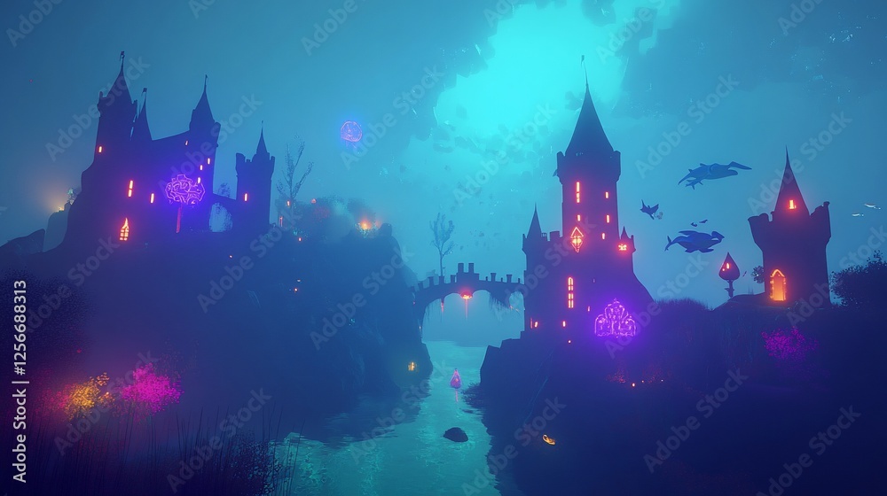 Enchanted castles under a mystic sky with luminous jellyfish and flying creatures Enchanted castles under a mystic sky with luminous jellyfish and flying creatures