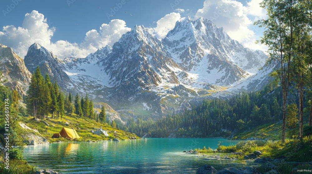 Fototapeta premium Majestic Mountain Lake with Camping Spot