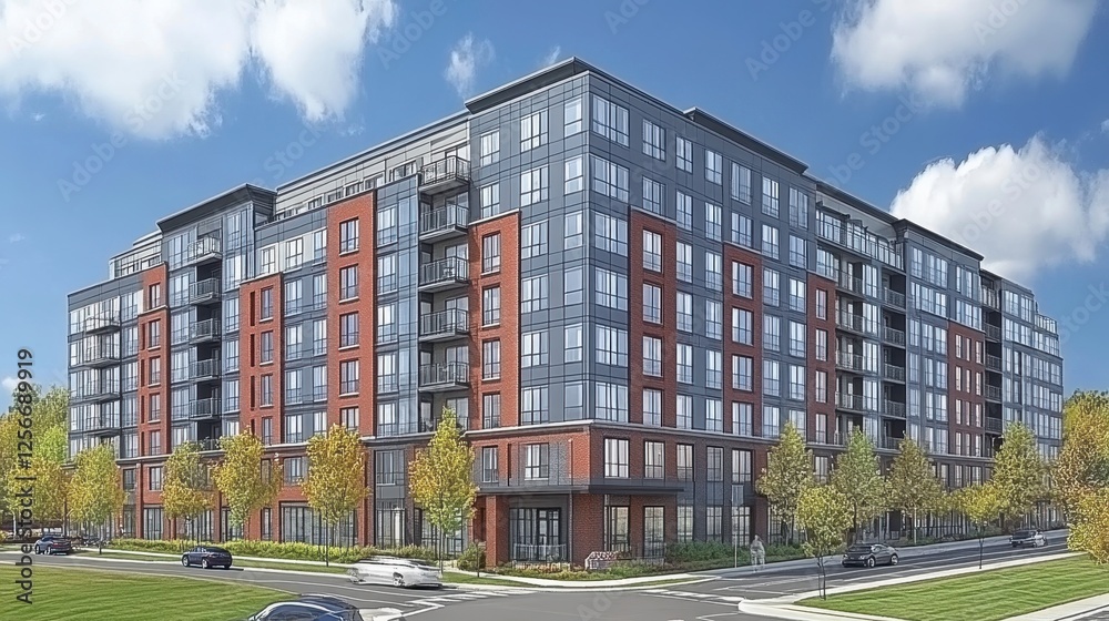 Obraz premium New apartment complex development urban area architecture showcase modern design wide angle view real estate trends