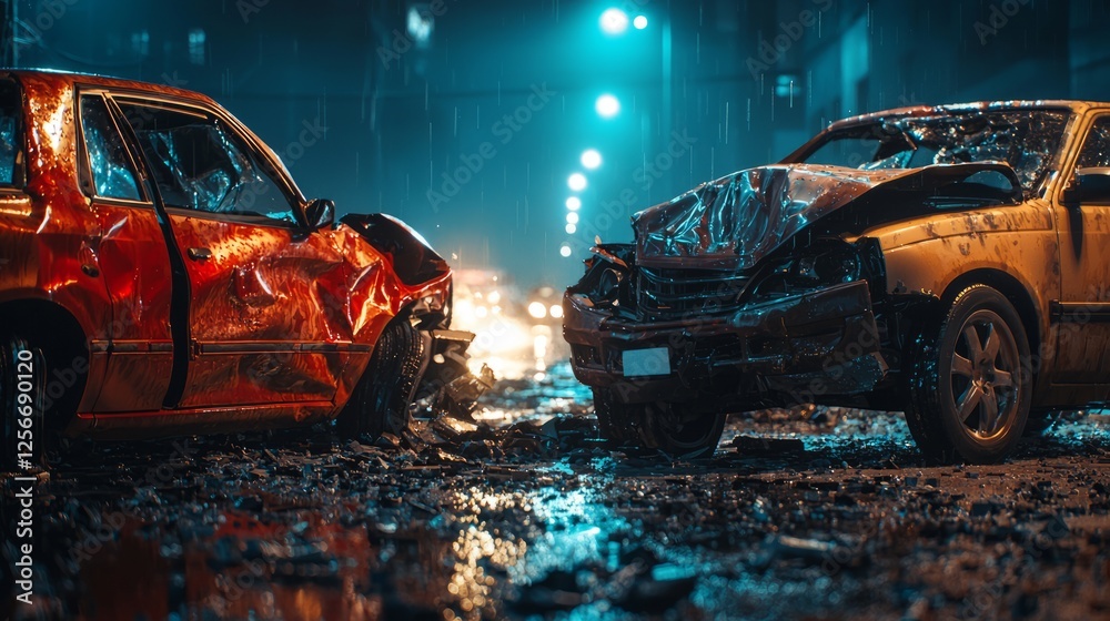 Car Collision at Night Under Rainy Conditions