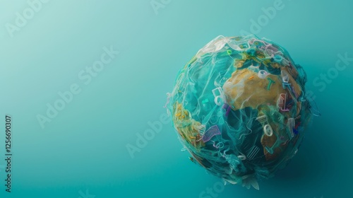 A conceptual representation of Earth engulfed in plastic waste, symbolizing pollution and environmental issues. Vibrant teal background enhances focus. AI generated.