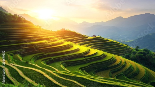 Rice terraces at sunrise. Featuring rice terraces illuminated by the sunrise. Highlighting agricultural beauty and natural scenery. Ideal for travel and nature visuals.