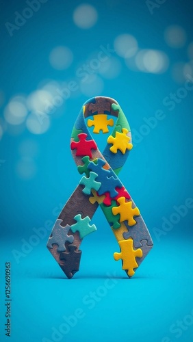 World autism awareness day typography. Autism Awareness Ribbon made from a variety of colorful puzzl