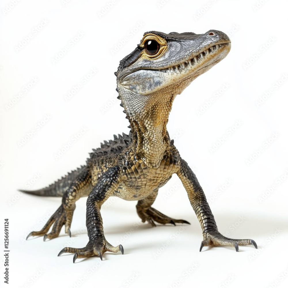 Obraz premium a velociraptor crossed with a crocodile full body isolated on a white background, photo realistic