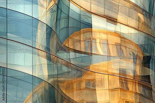 Abstract architectural detail curved glass facade reflecting a building.