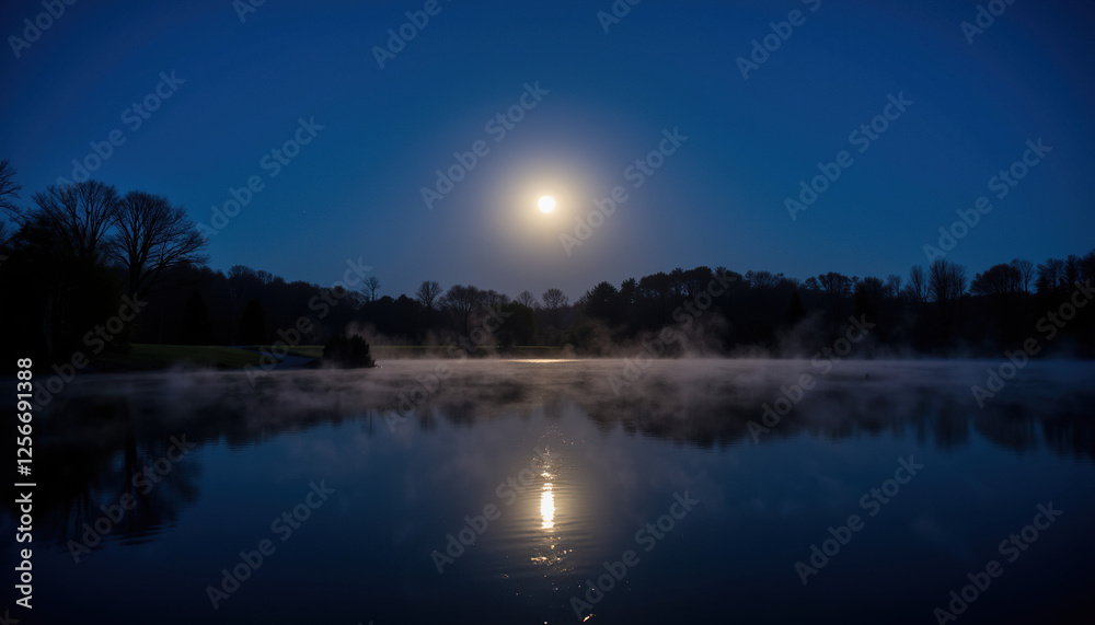 Obraz premium Moonlit reflection on misty lake at night