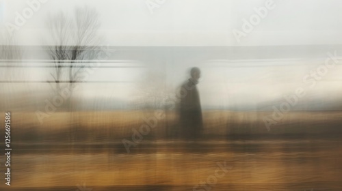 Artistic depiction of a solitary man's silhouette blurred with dynamic motion, set against a serene rural landscape with muted tones. AI generated.